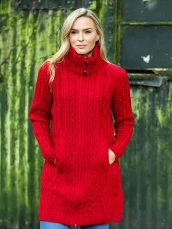 Womens Long Fitted Aran Coat - Red