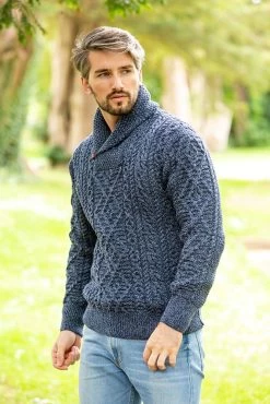 Aran Shawl Neck Sweater Denim