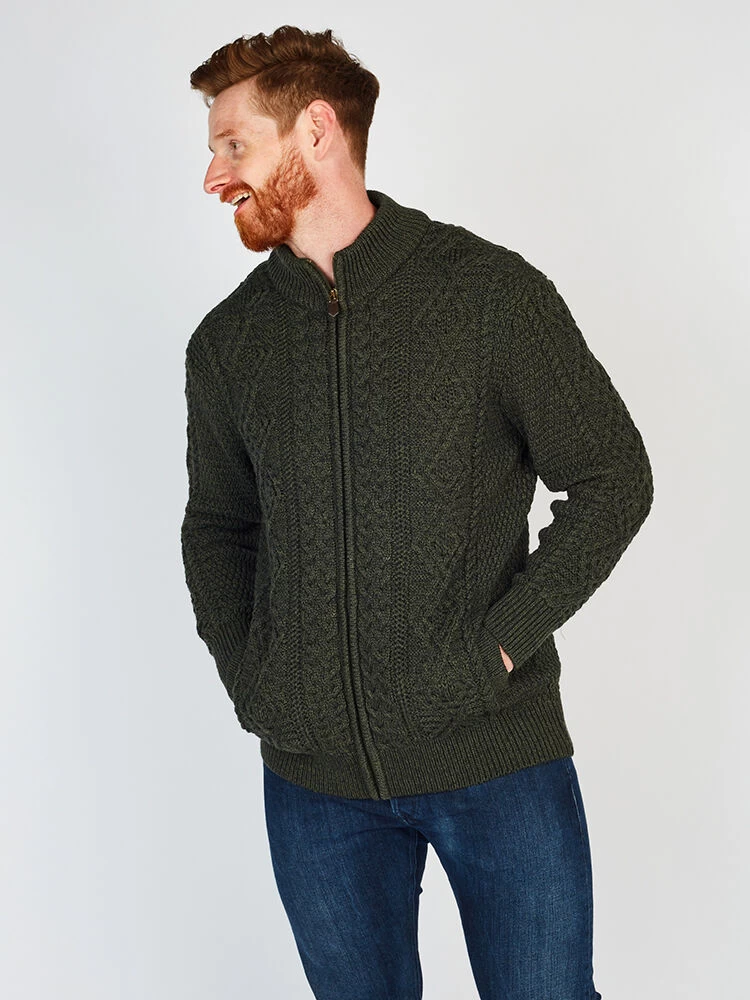 Full Zip Mens Aran Cardigan - Army Green - Image 4
