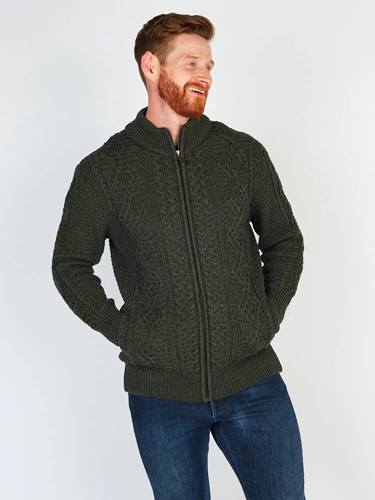 Full Zip Mens Aran Cardigan - Army Green - Image 5