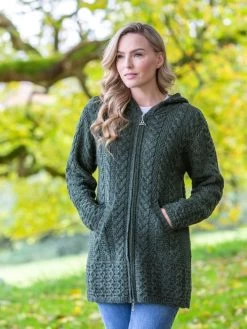 Irish Aran Hooded Coat Army Green