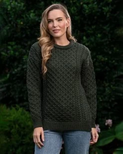 Unisex Merino Wool Aran Sweater Army Green