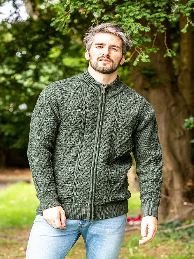 Full Zip Mens Aran Cardigan - Army Green - Image 2