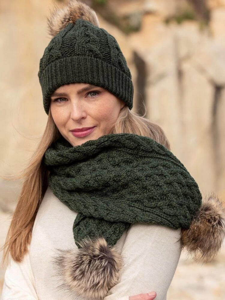 Aran Cable Knit Hat Pom Pom Green - Image 2