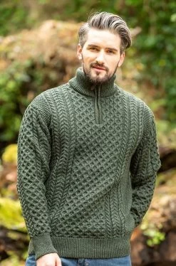 Mens Aran Half Zip Neck Sweater Army Green