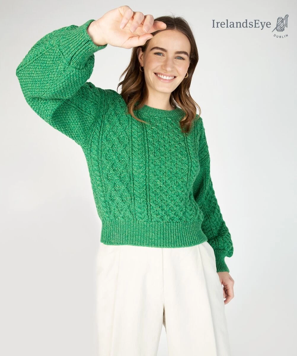 Honeysuckle Cropped Aran Sweater Green Marl - Image 3