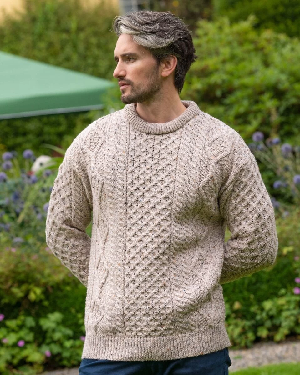 Pure Wool Unisex Aran Sweater Oatmeal Fleck - Image 3