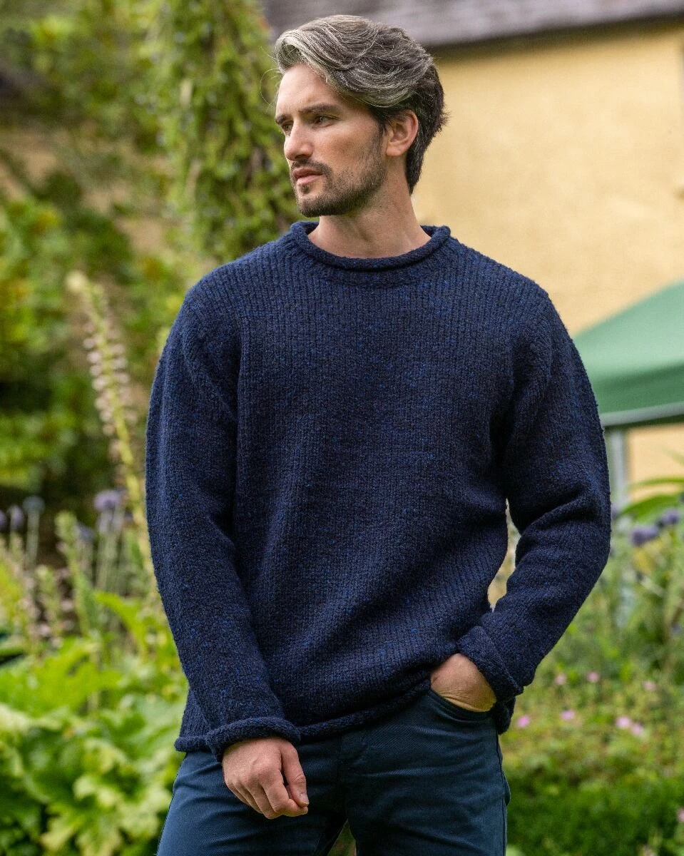 100% Donegal Roll Neck Sweater Dark Blue