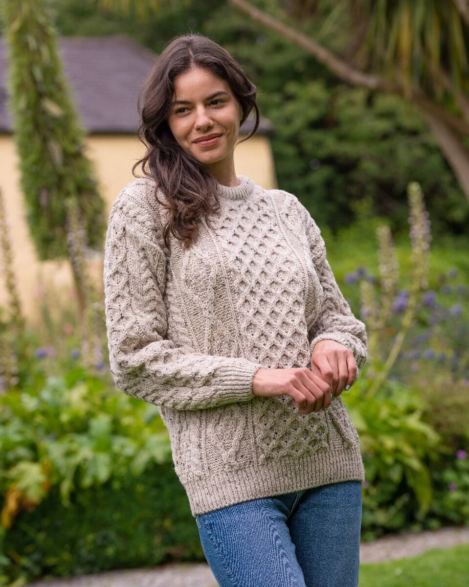 Pure Wool Unisex Aran Sweater Oatmeal Fleck - Image 2