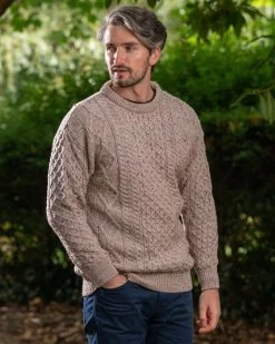 Pure Wool Unisex Aran Sweater Oatmeal Fleck