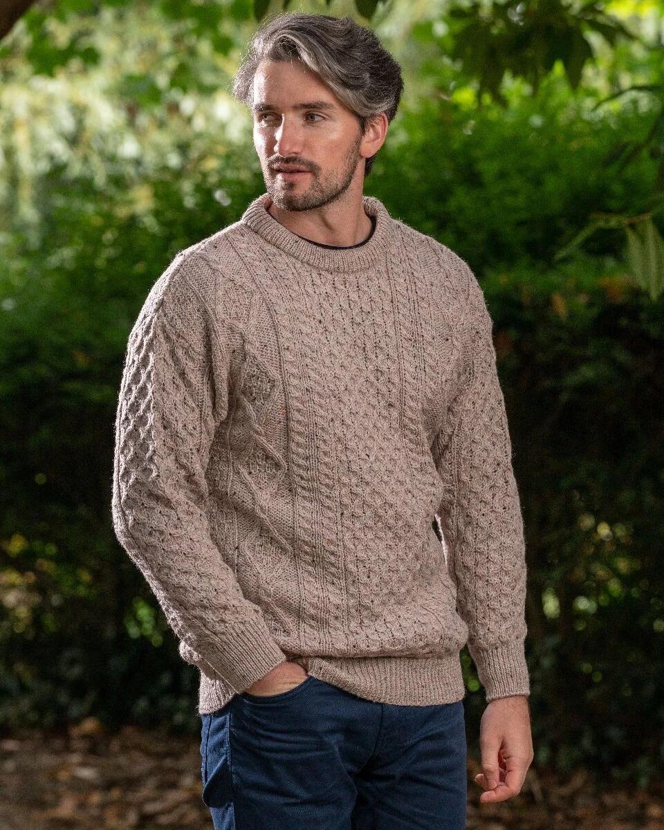 Pure Wool Unisex Aran Sweater Oatmeal Fleck