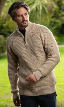 Men's Half Zip Ribbed Sweater Camel