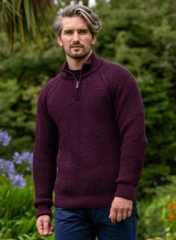 Men's Half Zip Ribbed Sweater Berry