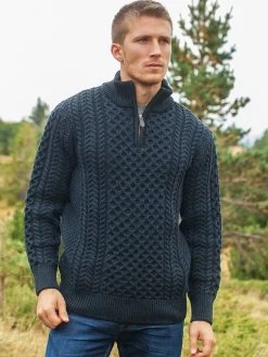Mens Aran Half Zip Neck Sweater Blackwatch
