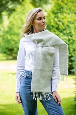 Wool And Cashmere Light Grey Herringbone Scarf 2422