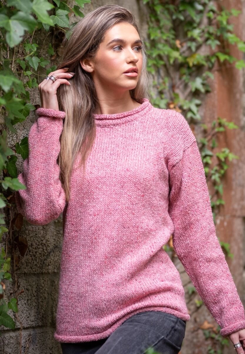 Pure Wool Handloomed Roll Neck Sweater Light Pink