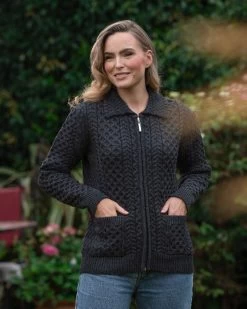 Aran Cardigan Full Zip With Collar Charcoal