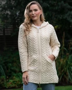 Irish Aran Hooded Coat Natural