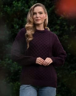 Merino Wool Aran Sweater Damson - Unisex