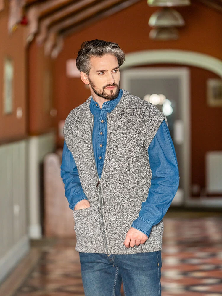 Aran Zip Waistcoat Merino Wool - Charcoal Marl - Image 2