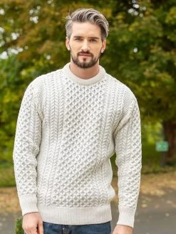 Mens Fisherman Merino Wool Sweater Natural