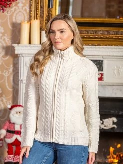 Ladies Aran Turtleneck Zip Natural