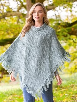 Merino Wool Aran Poncho With Fringe - Aqua