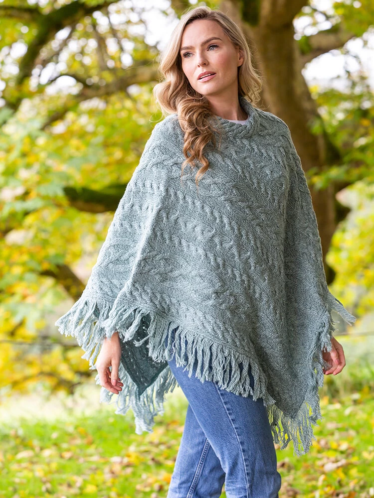 Merino Wool Aran Poncho With Fringe - Aqua - Image 3