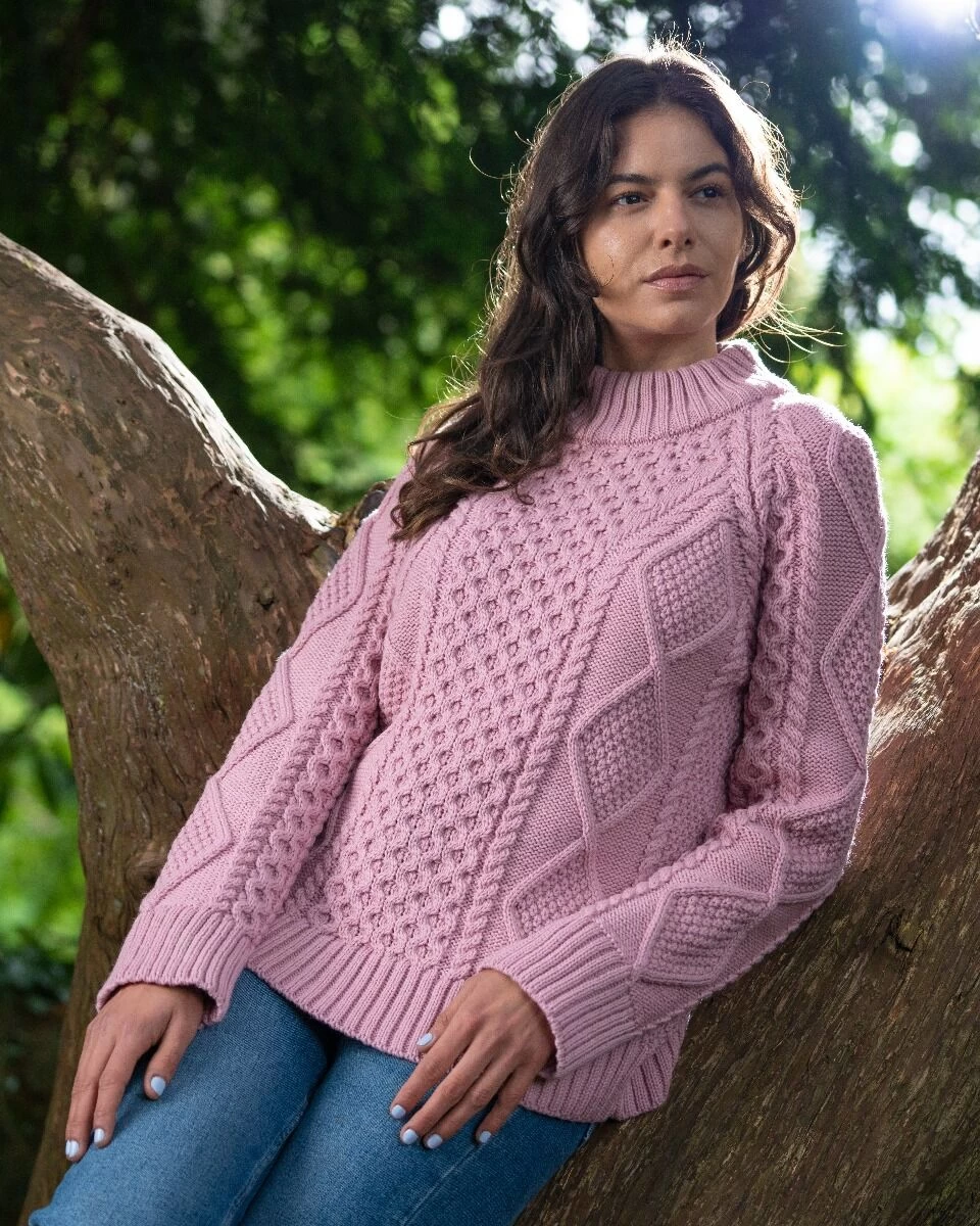 High Neck Aran Sweater With Raglan Sleeve Pink