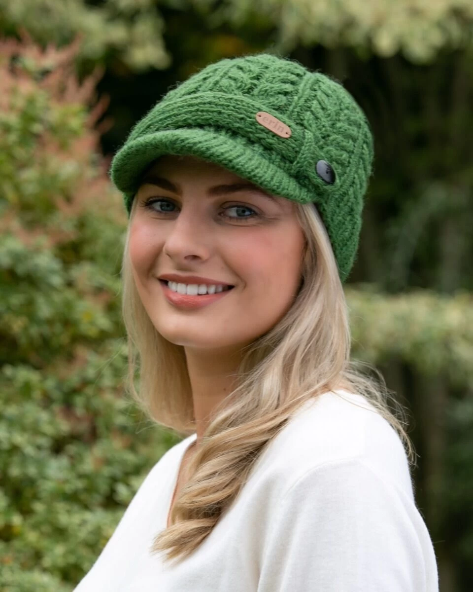 Aran Cable Knit Peak Hat Green - Image 2