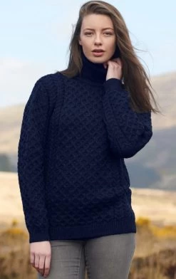 Unisex Aran Turtleneck Sweater Navy