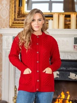 Irish Aran Cardigan Red