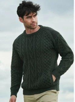 Crew Neck Sweater With Tweed Details Army Green