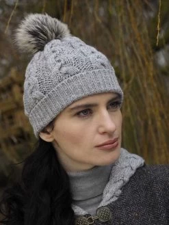 Aran Cable Knit Hat Pom Pom Silver