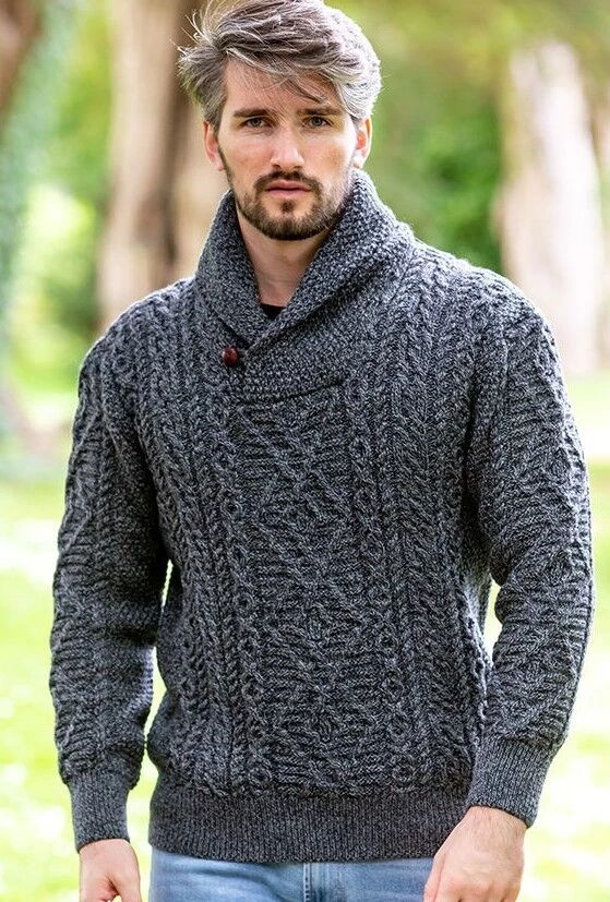 Shawl Neck Aran Sweater Slate - Image 3