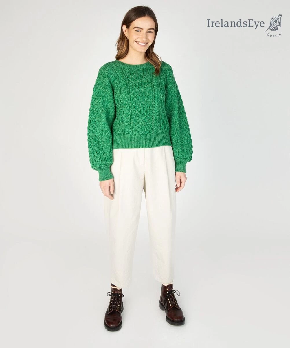 Honeysuckle Cropped Aran Sweater Green Marl