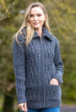 Full Zip Aran Cardigan Slate