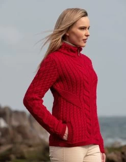 Merino Wool Zip Cardigan Cherry Red
