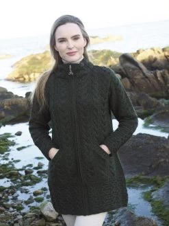 Irish Cable Design Coat With Zip Army