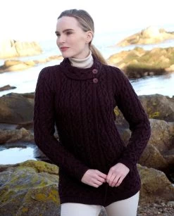 Aran Cardigan With Side Buttons Damson